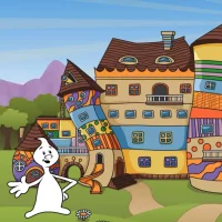 Screenshot von ALFONS mit dem Geist vor seiner bunten Villa.