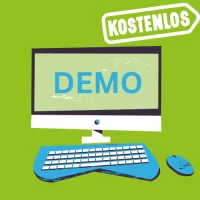 KlausurGuide PC mit Schriftzug "Demo" und "kostenlos" auf grünem Hintergrund
