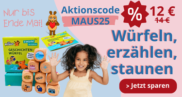 Abbildung der Geschichtenwürfel mit der Maus und einem zugehörigen Rabattcode namens MAUS25
