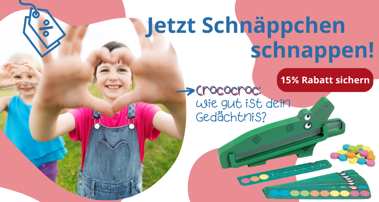 Abbildung des Spiels Crococroc sowie von zwei Kindern, die Herzen mit den Händen zeigen, und dem Text 15% Rabatt sichern
