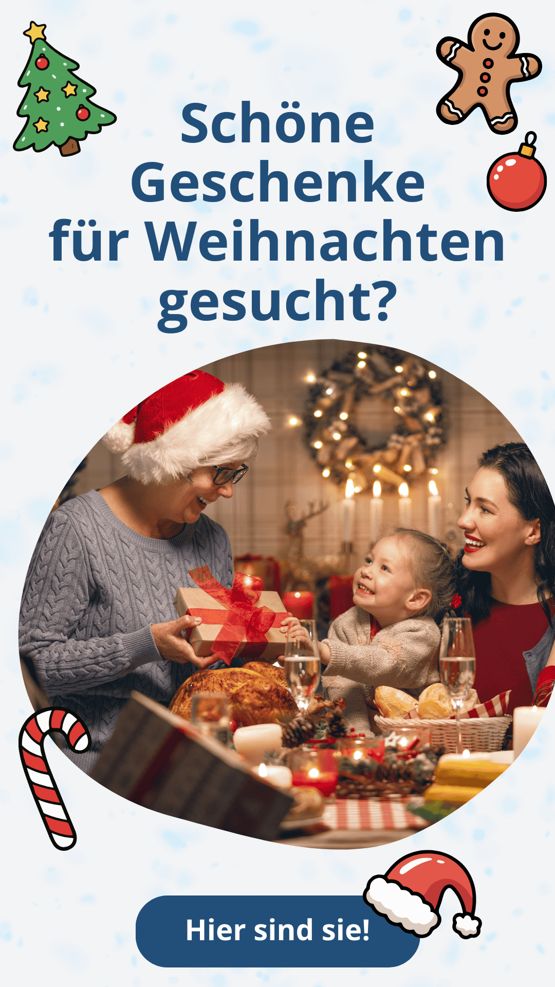 Abbildung einer Familie an Weihnachten und der Verweis auf Weihnachtsgeschenke hier im Shop