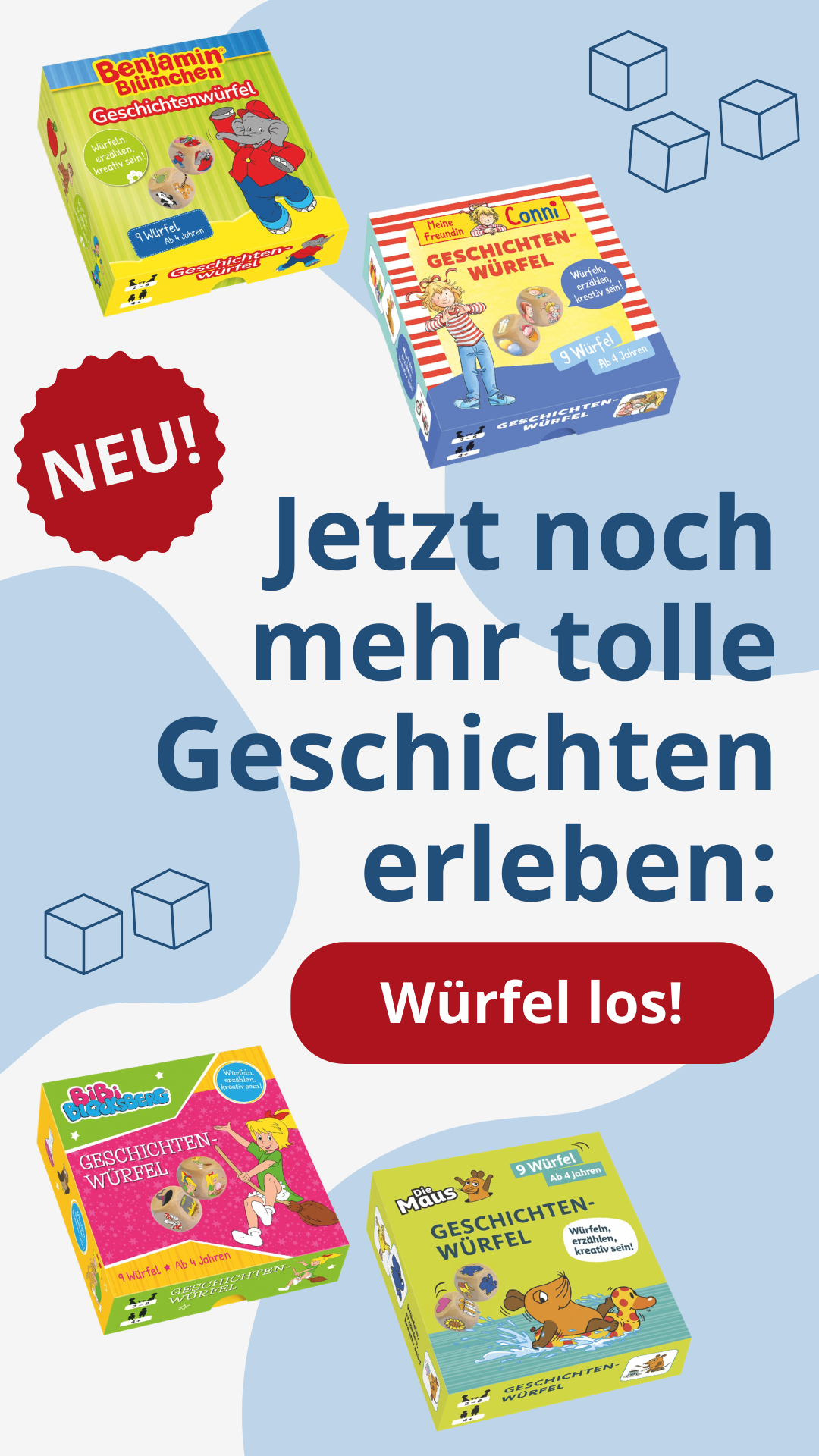 Abbildung der neuen Geschichtenwürfel mit Conni, Benjamin Blümchen und Bibi Blocksberg