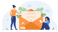 Illustration zum Newsletter mit einem großen Brief und zwei Frauen