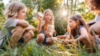 Kinder sitzen im Wald und schauen sich einen Schmetterling im Glas an