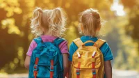 Zwei Mädchen mit Schulranzen auf dem Rücken sind auf dem Weg zur Schule von hinten zu sehen