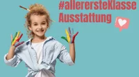 Abbildung eines Mädchens mit Pinsel in den Haaren und Malfarbe an den Fingern neben den Worten allerersteKlasse Ausstattung