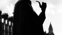 Sherlock Holmes-Silhouette vor dem britischen Barlament