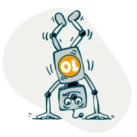 Illustration vom kleinen Roboter von Fit fürs Gymnasium, der einen Handstand macht