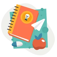Illustration eines Schulbuchs, eines Radiergummis, eines Papierfliegers und eines Apfels