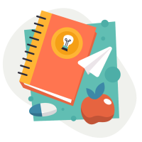 Illustration eines Schulbuchs, eines Radiergummis, eines Papierfliegers und eines Apfels
