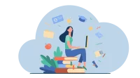 Illustration einer Mutter, die Schulbücher online bestellt 