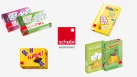 Produktbild mit verschiedenen Lernspielen und Schubi Logo