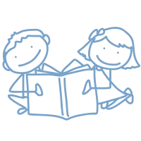 Gezeichnete Illustration von einem Jungen und einem Mädchen, die ein Buch lesen in blau.