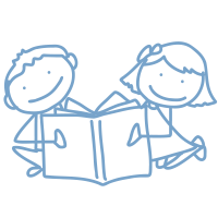 Gezeichnete Illustration von einem Jungen und einem Mädchen, die ein Buch lesen in blau.