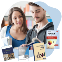 Illustration mit einem Foto von einer Schülerin und einem Schüler und Produktabbildungen