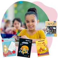 Illustration mit Foto eines Mädchens in der Schule und Produktbildern