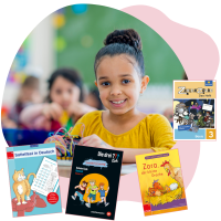 Illustration mit Foto eines Mädchens in der Schule und Produktbildern