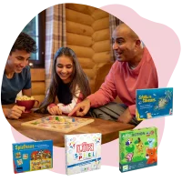 Illustration mit Foto von einer Familie, die ein Brettspiel spielt und mit Produkten