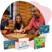 Illustration mit Foto von einer Familie, die ein Brettspiel spielt und mit Produkten