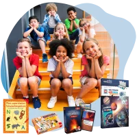 Illustration mit Foto von Grundschulkindern und mit Produkten