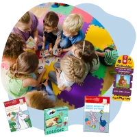 Illustration mit Foto von Kindergartenkindern und mit Produkten