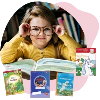 Illustration mit Foto von einem Mädchen mit Brille, das in einem Buch liest mit Produkten umrandet