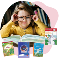 Illustration mit Foto von einem Mädchen mit Brille, das in einem Buch liest mit Produkten umrandet