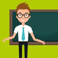 Ein Lehrer steht vor einer Tafel auf grünem Hintergrund