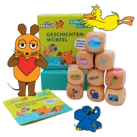 Maus, Ente und Elefant posieren mit den Geschichtenwürfeln