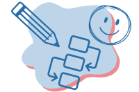 Illustration von einem Stift, einem Diagramm und einem Comic-Smiley
