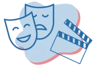 Illustration von Theatermasken und einer Regie-Klappe