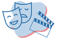 Illustration von Theatermasken und einer Regie-Klappe