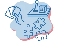 Illustration von einer Hand mit Spielkarten, einem Brettspiel und Puzzleteilen