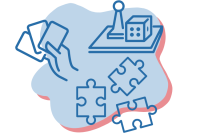 Illustration von einer Hand mit Spielkarten, einem Brettspiel und Puzzleteilen