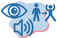 Illustration von einem Auge, einem Lautsprecher und sich bewegenden Menschen