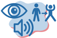 Illustration von einem Auge, einem Lautsprecher und sich bewegenden Menschen