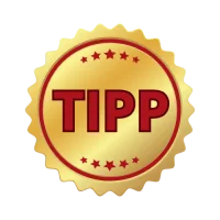 Abbildung eines goldenen Siegels mit der Aufschrift Tipp und 5 Sternen