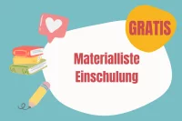Abbildung verschiedener Illustrationen von Schulmaterial und den Worten Materialliste Einschulung