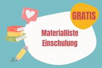 Abbildung verschiedener Illustrationen von Schulmaterial und den Worten Materialliste Einschulung