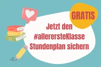 Illustrationen von Büchern und Stiften mit dem Text Jetzt den allerersteKlasse Stundenplan sichern