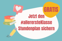 Illustrationen von Büchern und Stiften mit dem Text Jetzt den allerersteKlasse Stundenplan sichern