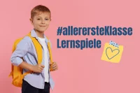 Abbildung eines Jungen mit gelbem Schulrucksack und hellblauem Hemd, daneben steht allerersteKlasse Lernspiele
