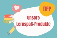 Abbildung von kleinen Illustrationen wie Büchern und einem Bleistift und den Worten Unsere Lernspaß-Produkte