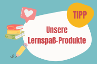 Abbildung von kleinen Illustrationen wie Büchern und einem Bleistift und den Worten Unsere Lernspaß-Produkte