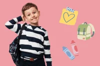 Abbildung von einem Jungen im gestreiften Pullover mit Schulranzen über der Schulter
