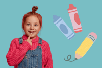 Abbildung von einem Mädchen in Latzhose neben Illustrationen von Stiften