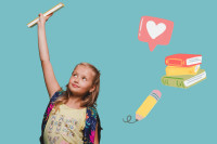 Abbildung eines Mädchens mit Schulranzen, die ein Buch in die Höhe streckt