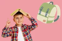 Abbildung eines Jungen mit einem Buch auf dem Kopf neben einer Illustration von einem Schulranzen