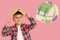 Abbildung eines Jungen mit einem Buch auf dem Kopf neben einer Illustration von einem Schulranzen