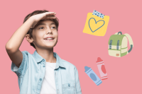 Abbildung eines Jungen, der interessiert in die Ferne schaut mit der Hand an der Stirn